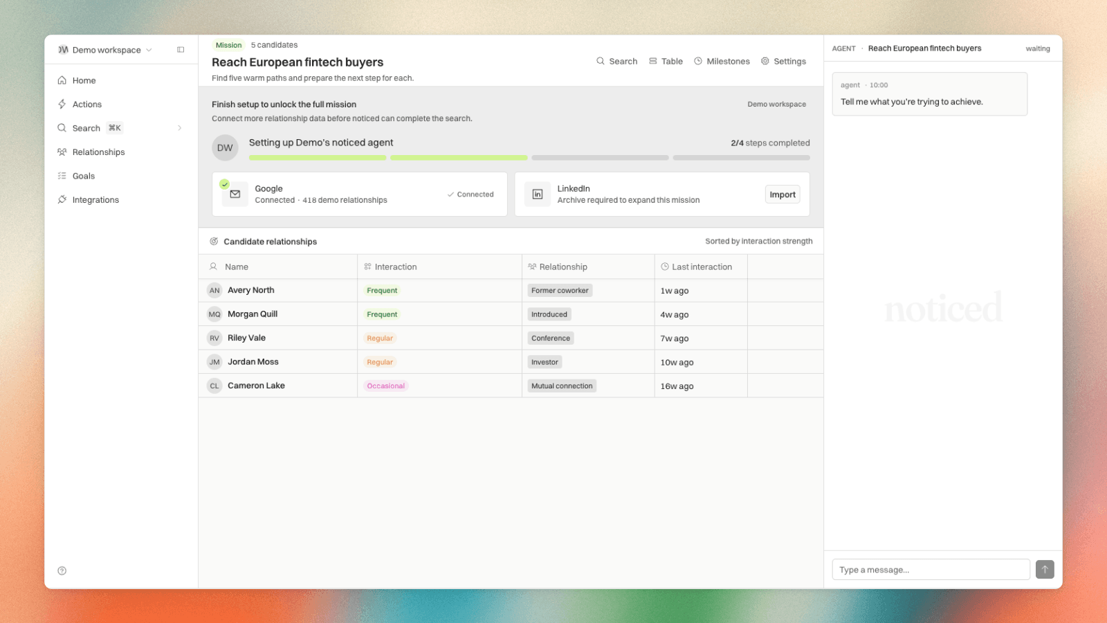 A crowded noticed interface surrounds a waiting networking agent.